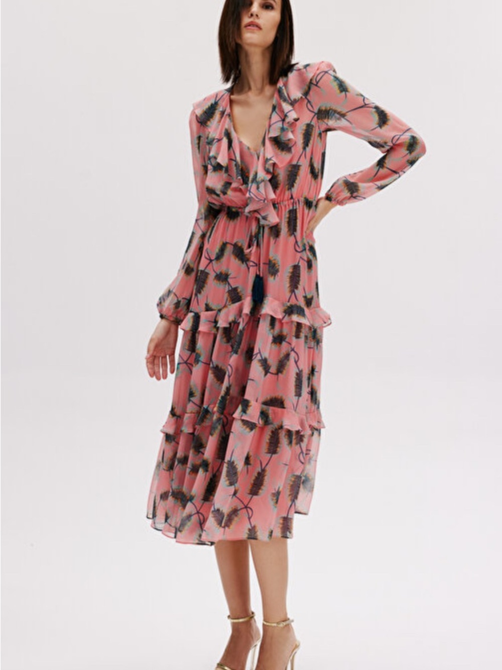 Saloni Feather-Print Pleated Midi Dress